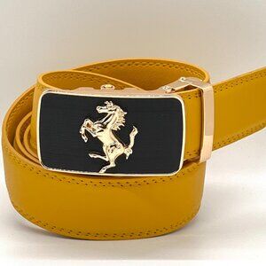 Mustard Yellow Belt Women Men Gold Automatic Buckle Slide Belt Leather Jeans New